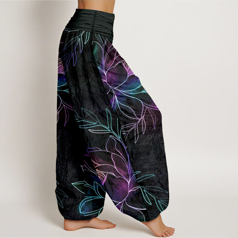 Buddha Stones Pantaloni harem da donna in cotone con motivo a rami di loto al neon e elastico in vita. - image 1