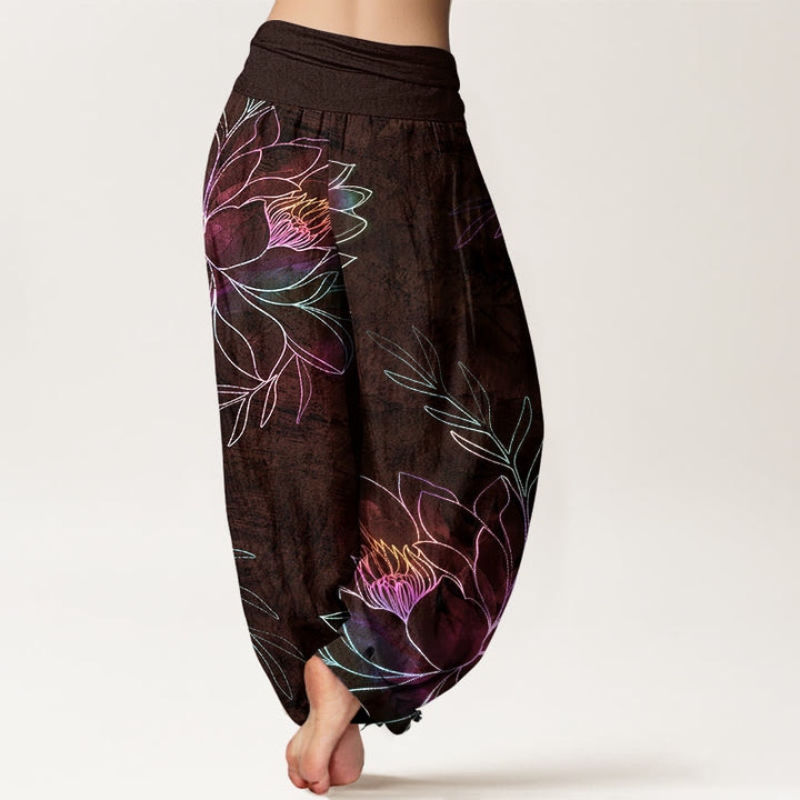 Buddha Stones Pantaloni harem da donna in cotone con motivo a rami di loto al neon e elastico in vita. - image 7