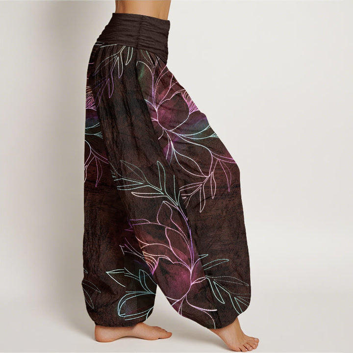 Buddha Stones Pantaloni harem da donna in cotone con motivo a rami di loto al neon e elastico in vita. - image 6