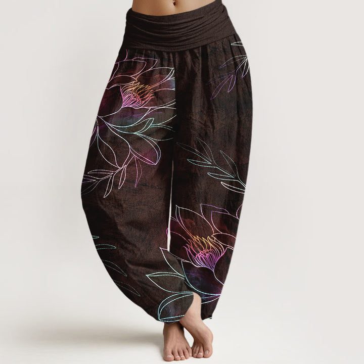 Buddha Stones Pantaloni harem da donna in cotone con motivo a rami di loto al neon e elastico in vita. - Marrone sella - US16, UK/AU20, EU48 (3XL) - image 5