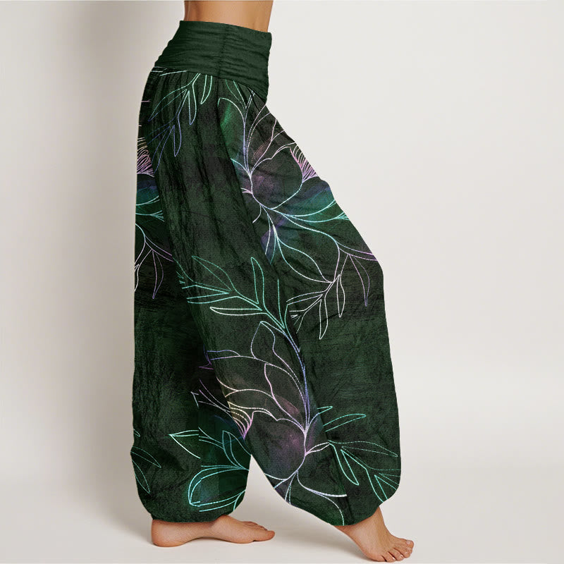Buddha Stones Pantaloni harem da donna in cotone con motivo a rami di loto al neon e elastico in vita. - image 9