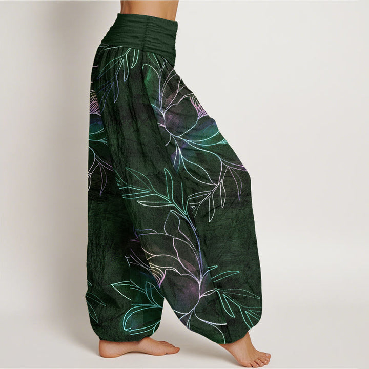 Buddha Stones Pantaloni harem da donna in cotone con motivo a rami di loto al neon e elastico in vita. - image 9