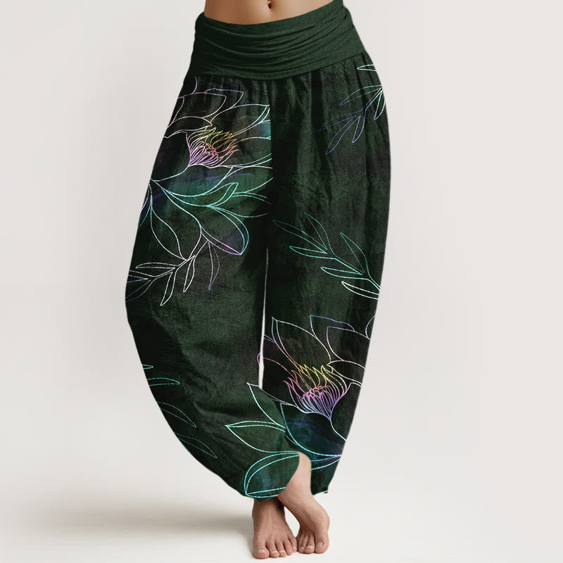 Buddha Stones Pantaloni harem da donna in cotone con motivo a rami di loto al neon e elastico in vita. - Verde scuro - US16, UK/AU20, EU48 (3XL) - image 8