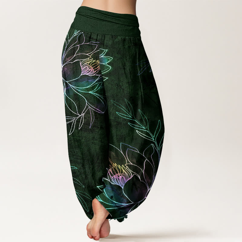 Buddha Stones Pantaloni harem da donna in cotone con motivo a rami di loto al neon e elastico in vita. - image 10