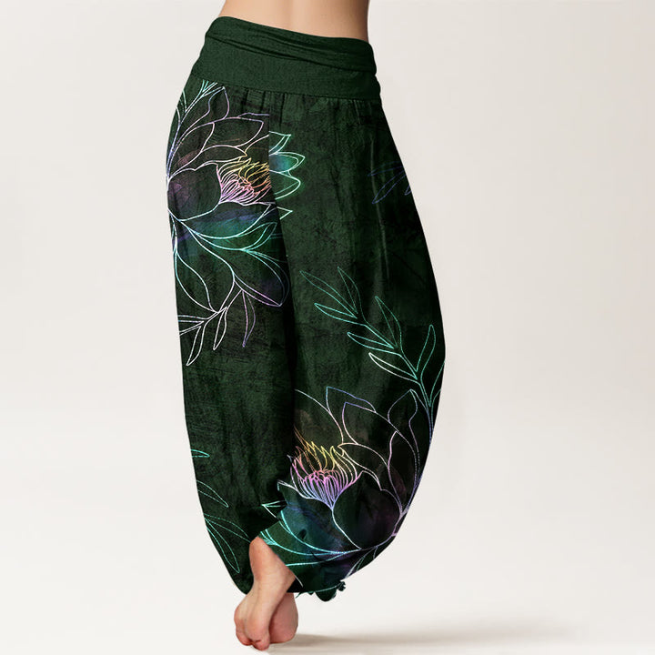 Buddha Stones Pantaloni harem da donna in cotone con motivo a rami di loto al neon e elastico in vita. - image 10