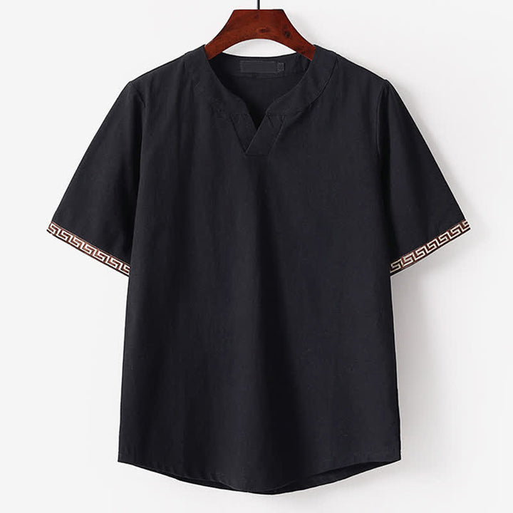 Buddha Stones T-shirt da uomo estiva a maniche corte con scollo a V e ricami, in cotone e lino. - Nero - US/UK/AU56，EU66(9XL) - image 3