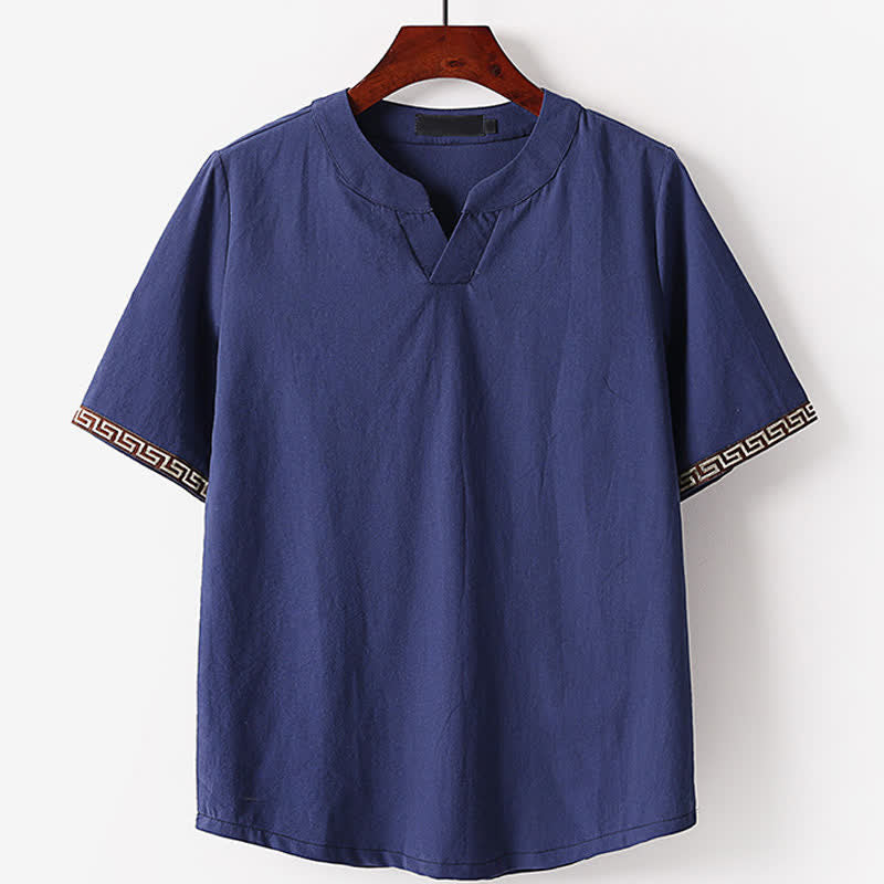 Buddha Stones T-shirt da uomo estiva a maniche corte con scollo a V e ricami, in cotone e lino. - Blu ardesia scuro - US/UK/AU56，EU66(9XL) - image 0