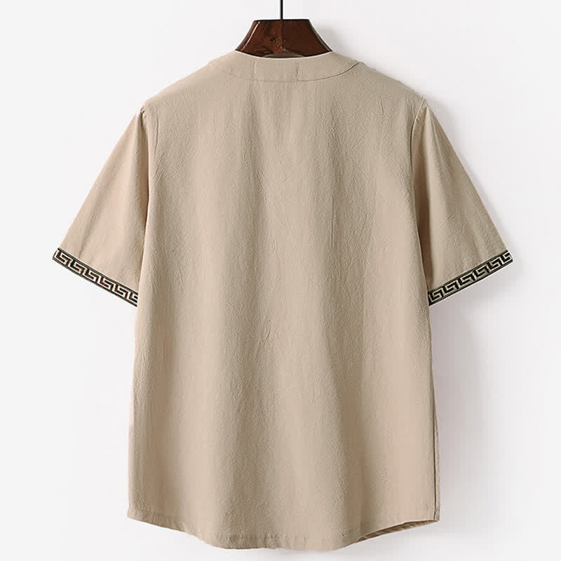 Buddha Stones T-shirt da uomo estiva a maniche corte con scollo a V e ricami, in cotone e lino. - image 5