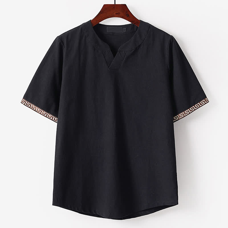 Buddha Stones T-shirt da uomo estiva a maniche corte con scollo a V e ricami, in cotone e lino. - Nero - US/UK/AU56，EU66(9XL) - image 3