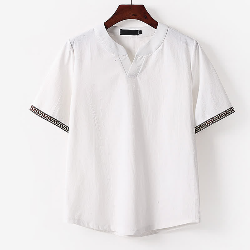 Buddha Stones T-shirt da uomo estiva a maniche corte con scollo a V e ricami, in cotone e lino. - Bianco - US/UK/AU56，EU66(9XL) - image 1