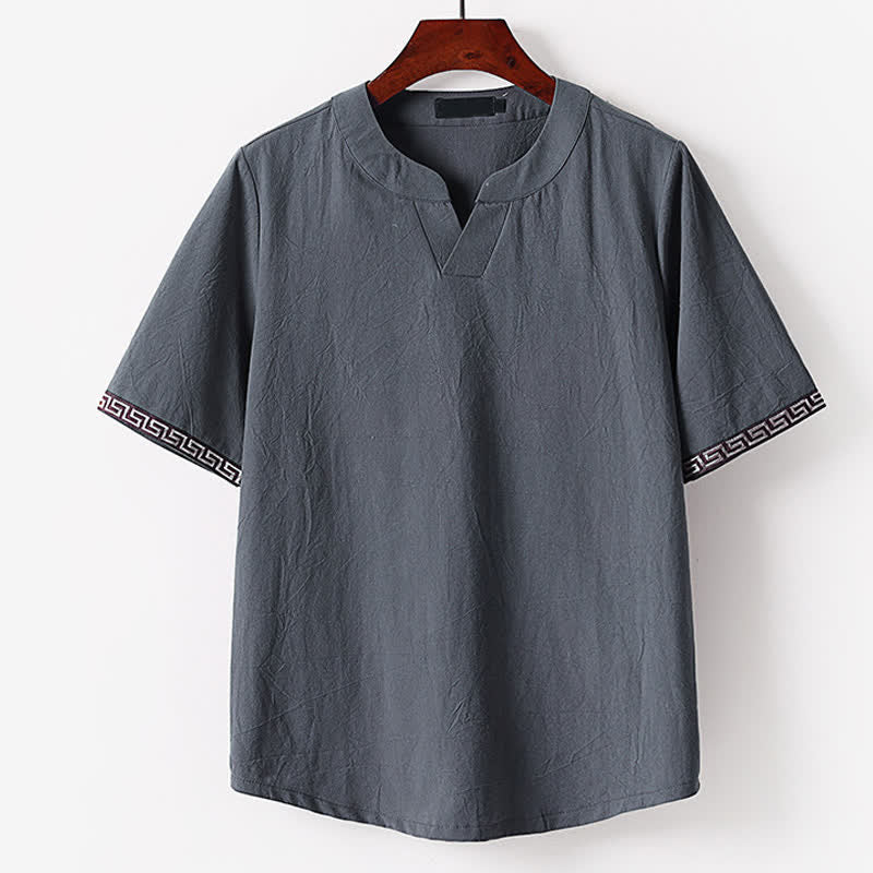 Buddha Stones T-shirt da uomo estiva a maniche corte con scollo a V e ricami, in cotone e lino. - Grigio ardesia - US/UK/AU56，EU66(9XL) - image 2