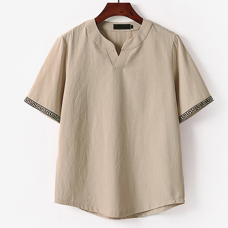 Buddha Stones T-shirt da uomo estiva a maniche corte con scollo a V e ricami, in cotone e lino. - Tan - US/UK/AU56，EU66(9XL) - image 4