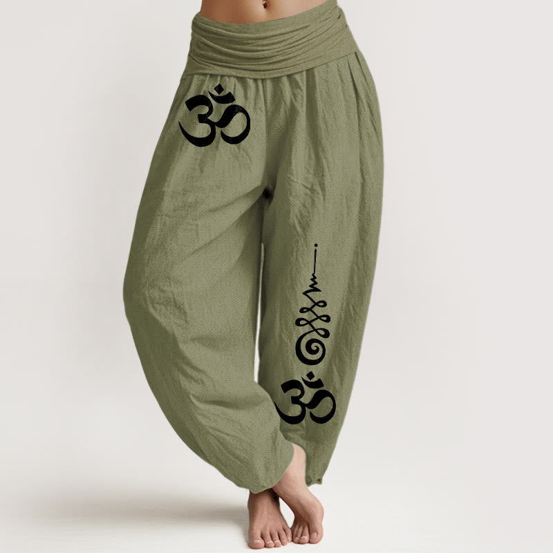 Buddha Stones Pantaloni harem da donna in cotone con elastico in vita e motivo OM Energy Lines. - Verde oliva - US16, UK/AU20, EU48 (3XL) - image 14