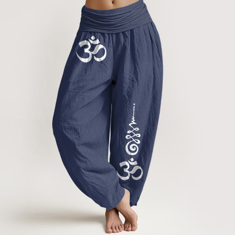 Buddha Stones Pantaloni harem da donna in cotone con elastico in vita e motivo OM Energy Lines. - Blu ardesia scuro - US16, UK/AU20, EU48 (3XL) - image 5