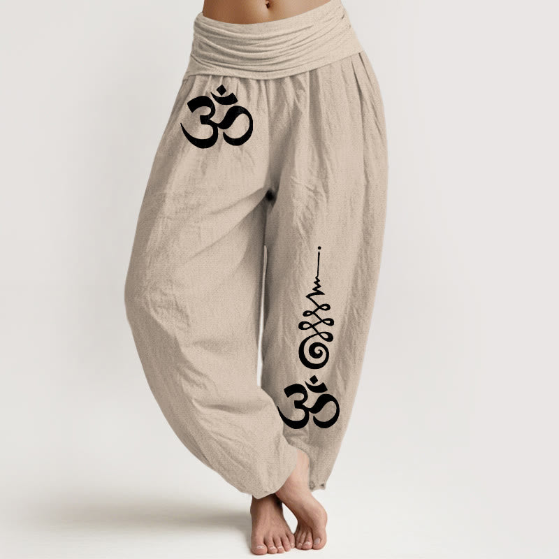 Buddha Stones Pantaloni harem da donna in cotone con elastico in vita e motivo OM Energy Lines. - Tan - US16, UK/AU20, EU48 (3XL) - image 11