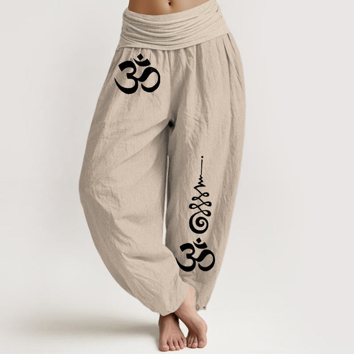 Buddha Stones Pantaloni harem da donna in cotone con elastico in vita e motivo OM Energy Lines. - Tan - US16, UK/AU20, EU48 (3XL) - image 11