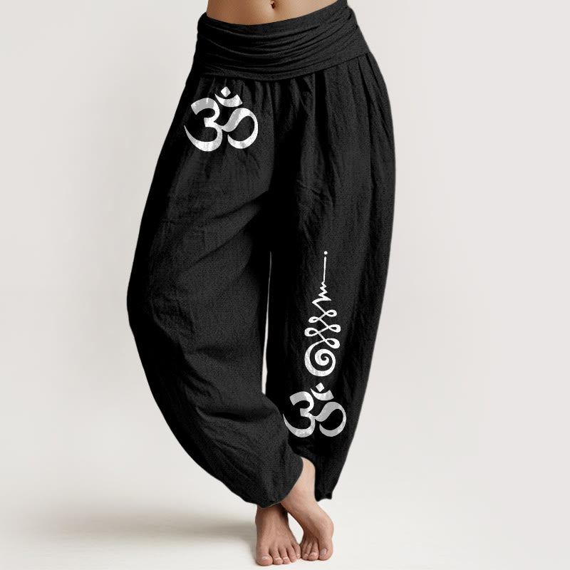 Buddha Stones Pantaloni harem da donna in cotone con elastico in vita e motivo OM Energy Lines. - Nero - US16, UK/AU20, EU48 (3XL) - image 0