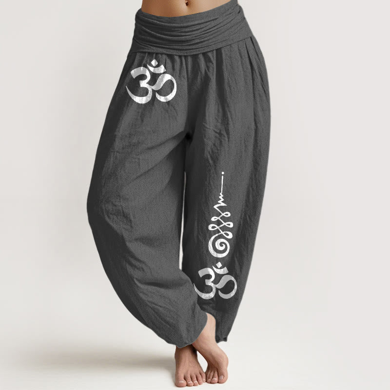Buddha Stones Pantaloni harem da donna in cotone con elastico in vita e motivo OM Energy Lines. - Grigio tenue - US16, UK/AU20, EU48 (3XL) - image 8