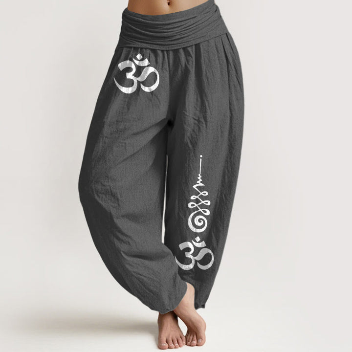 Buddha Stones Pantaloni harem da donna in cotone con elastico in vita e motivo OM Energy Lines. - Grigio tenue - US16, UK/AU20, EU48 (3XL) - image 8