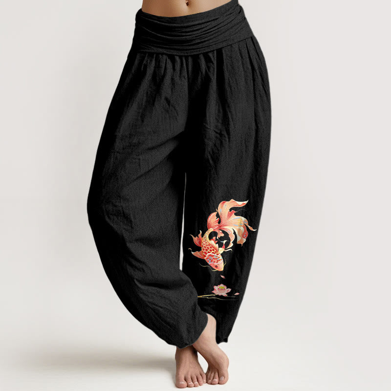 Buddha Stones Pantaloni harem da donna in cotone con elastico in vita e motivo a carpe koi e loto. - Nero - US16, UK/AU20, EU48 (3XL) - image 0