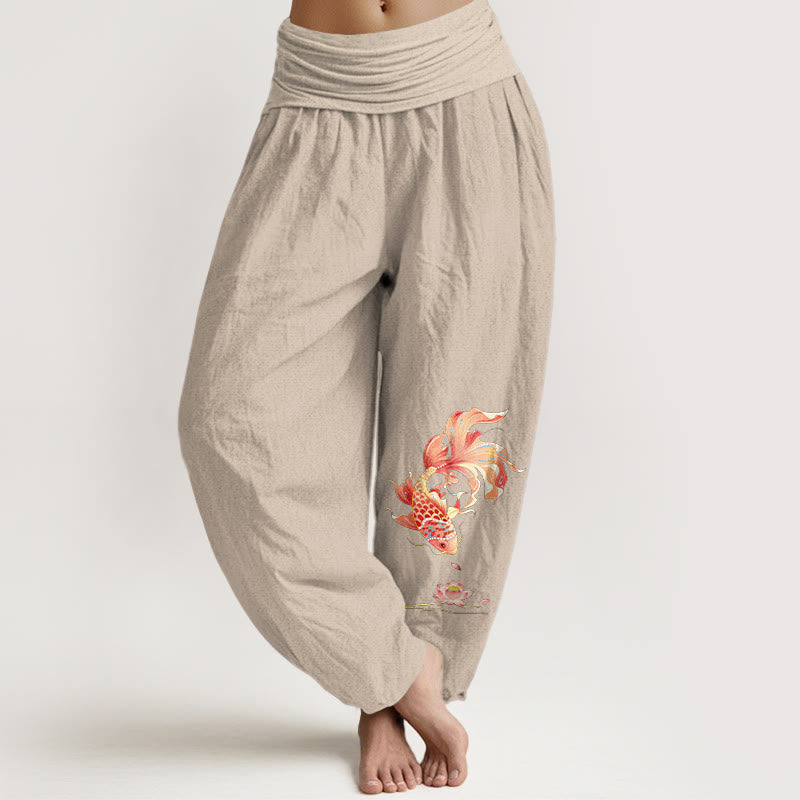 Buddha Stones Pantaloni harem da donna in cotone con elastico in vita e motivo a carpe koi e loto. - Tan - US16, UK/AU20, EU48 (3XL) - image 11