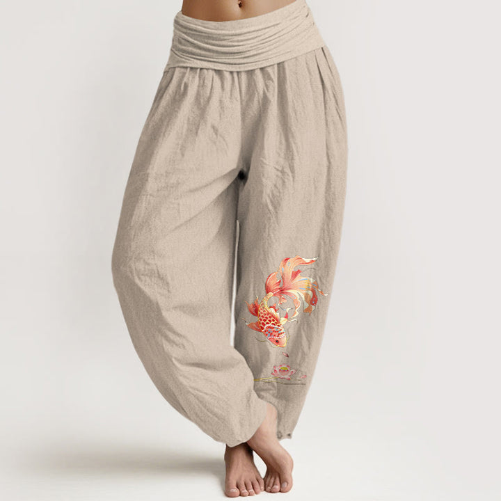 Buddha Stones Pantaloni harem da donna in cotone con elastico in vita e motivo a carpe koi e loto. - Tan - US16, UK/AU20, EU48 (3XL) - image 11