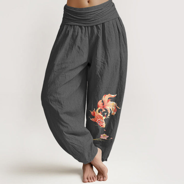 Buddha Stones Pantaloni harem da donna in cotone con elastico in vita e motivo a carpe koi e loto. - Grigio tenue - US16, UK/AU20, EU48 (3XL) - image 8