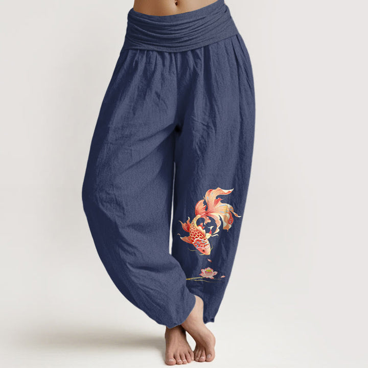 Buddha Stones Pantaloni harem da donna in cotone con elastico in vita e motivo a carpe koi e loto. - Blu ardesia scuro - US16, UK/AU20, EU48 (3XL) - image 5