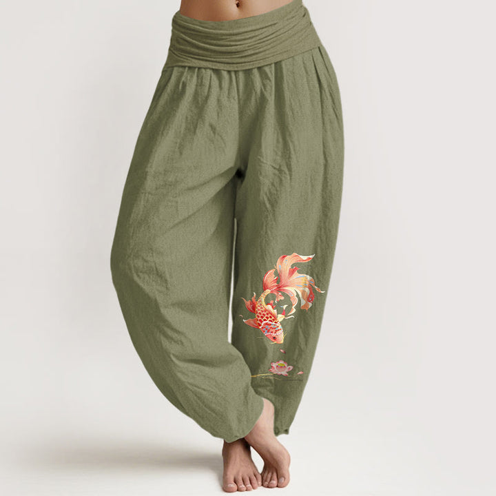 Buddha Stones Pantaloni harem da donna in cotone con elastico in vita e motivo a carpe koi e loto. - Verde oliva - US16, UK/AU20, EU48 (3XL) - image 14
