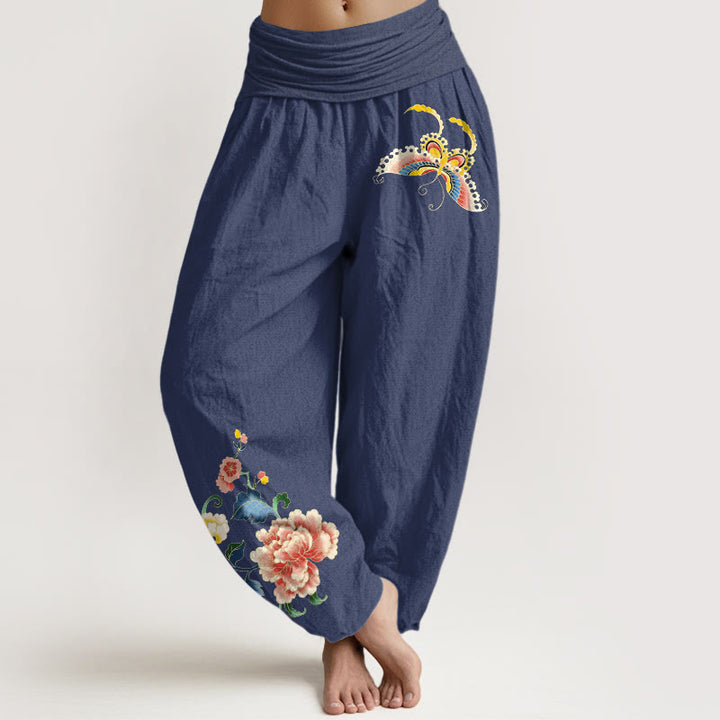 Buddha Stones Pantaloni harem da donna in cotone con motivo a peonia e farfalla, con elastico in vita. - Blu ardesia scuro - US16, UK/AU20, EU48 (3XL) - image 8