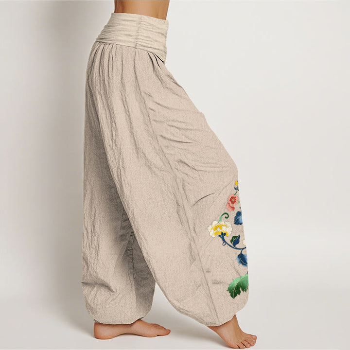 Buddha Stones Pantaloni harem da donna in cotone con motivo a peonia e farfalla, con elastico in vita. - image 15