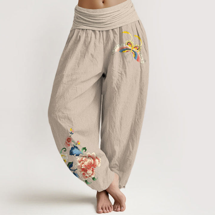 Buddha Stones Pantaloni harem da donna in cotone con motivo a peonia e farfalla, con elastico in vita. - Tan - US16, UK/AU20, EU48 (3XL) - image 14