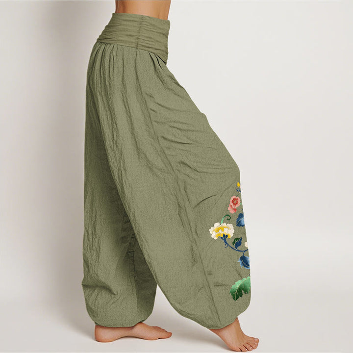 Buddha Stones Pantaloni harem da donna in cotone con motivo a peonia e farfalla, con elastico in vita. - image 1