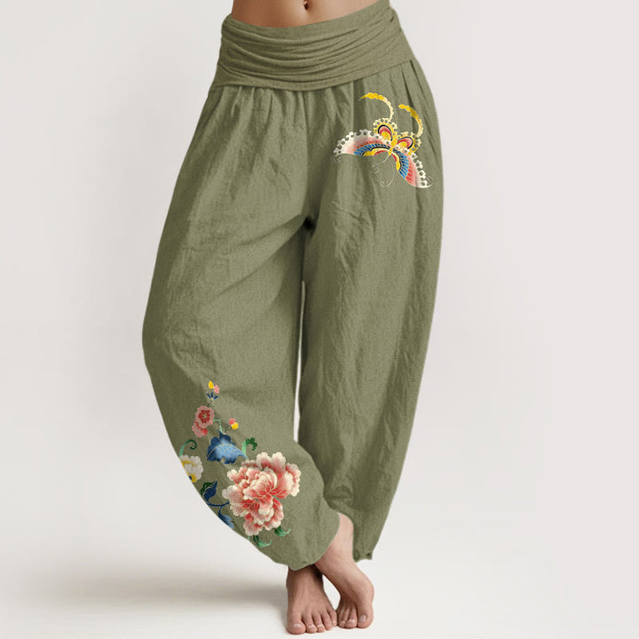 Buddha Stones Pantaloni harem da donna in cotone con motivo a peonia e farfalla, con elastico in vita. - Verde oliva - US16, UK/AU20, EU48 (3XL) - image 0