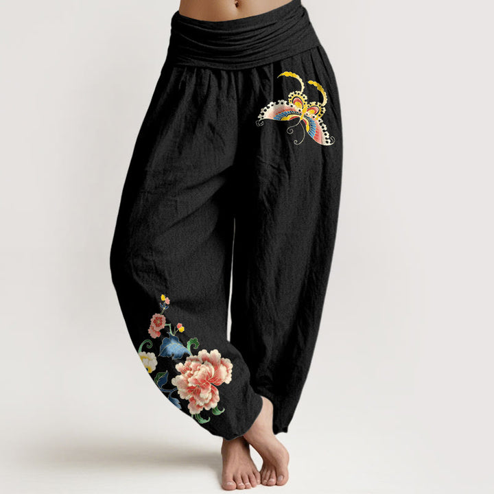 Buddha Stones Pantaloni harem da donna in cotone con motivo a peonia e farfalla, con elastico in vita. - Nero - US16, UK/AU20, EU48 (3XL) - image 5