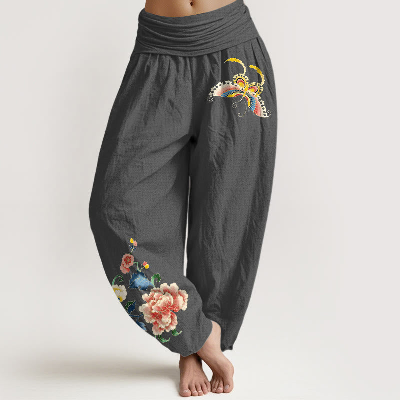Buddha Stones Pantaloni harem da donna in cotone con motivo a peonia e farfalla, con elastico in vita. - Grigio tenue - US16, UK/AU20, EU48 (3XL) - image 11
