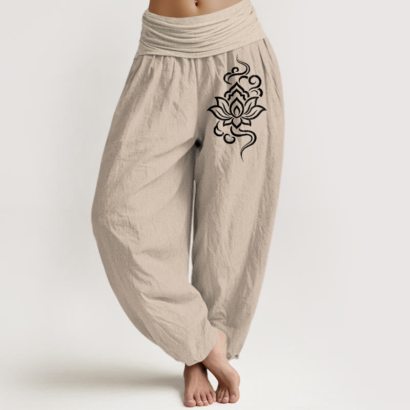 Buddha Stones Pantaloni harem da donna in cotone con semplice motivo a loto e vita elasticizzata - Tan - US16, UK/AU20, EU48 (3XL) - image 0