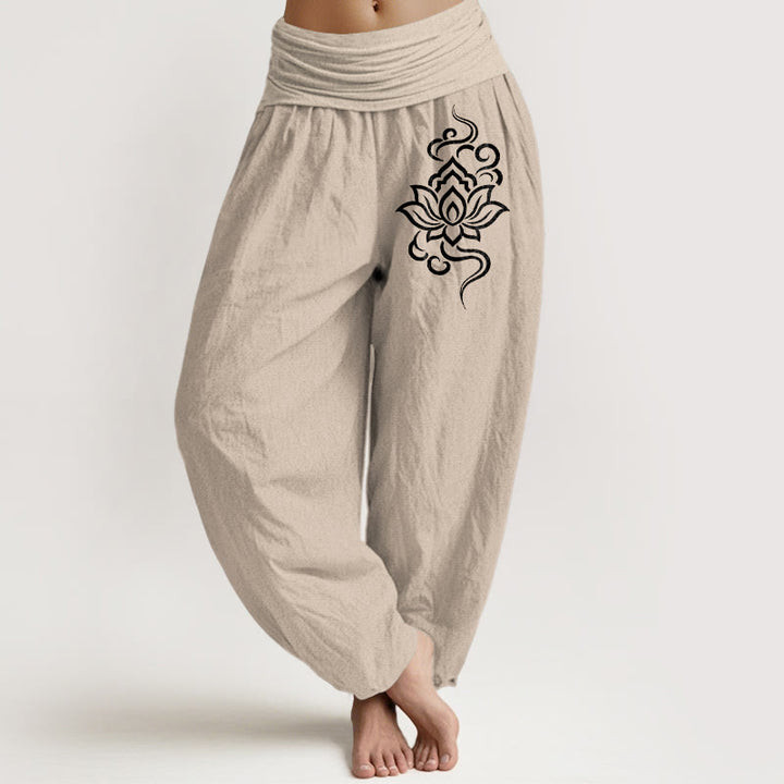 Buddha Stones Pantaloni harem da donna in cotone con semplice motivo a loto e vita elasticizzata - Tan - US16, UK/AU20, EU48 (3XL) - image 0