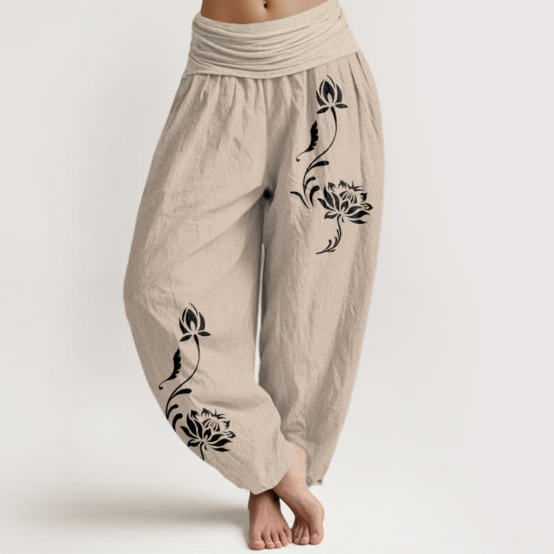 Buddha Stones Pantaloni harem da donna in cotone con motivo a petali di loto e elastico in vita. - Tan - US16, UK/AU20, EU48 (3XL) - image 11