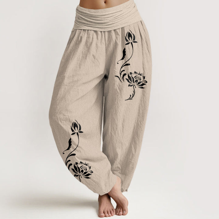 Buddha Stones Pantaloni harem da donna in cotone con motivo a petali di loto e elastico in vita. - Tan - US16, UK/AU20, EU48 (3XL) - image 11