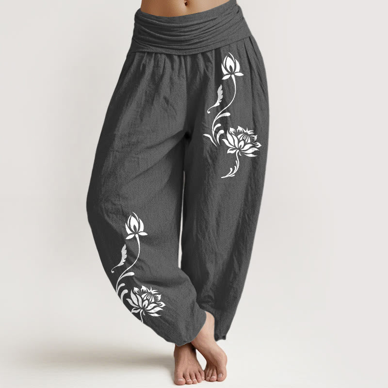 Buddha Stones Pantaloni harem da donna in cotone con motivo a petali di loto e elastico in vita. - Grigio tenue - US16, UK/AU20, EU48 (3XL) - image 8
