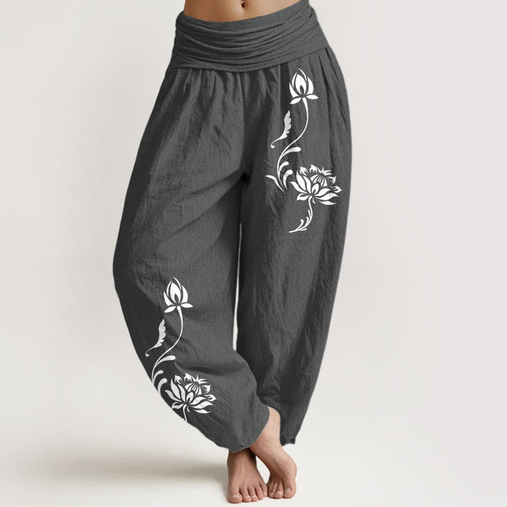 Buddha Stones Pantaloni harem da donna in cotone con motivo a petali di loto e elastico in vita. - Grigio tenue - US16, UK/AU20, EU48 (3XL) - image 8