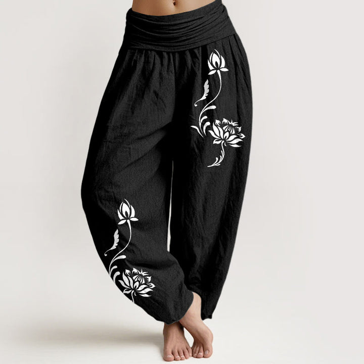 Buddha Stones Pantaloni harem da donna in cotone con motivo a petali di loto e elastico in vita. - Nero - US16, UK/AU20, EU48 (3XL) - image 5