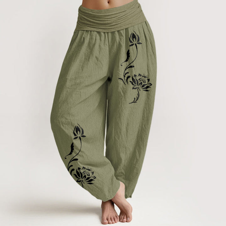 Buddha Stones Pantaloni harem da donna in cotone con motivo a petali di loto e elastico in vita. - Verde oliva - US16, UK/AU20, EU48 (3XL) - image 14