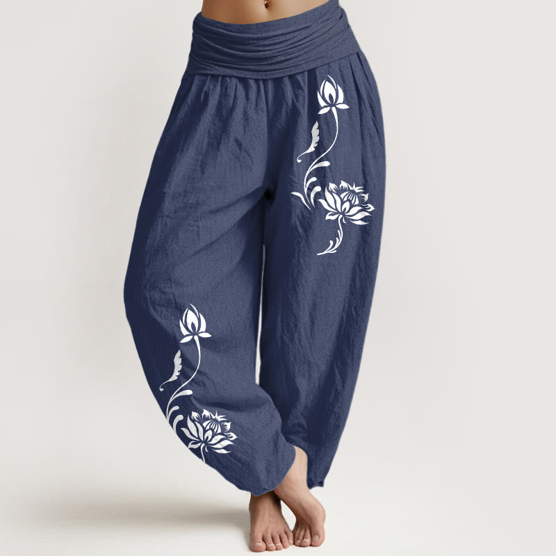 Buddha Stones Pantaloni harem da donna in cotone con motivo a petali di loto e elastico in vita. - Blu ardesia scuro - US16, UK/AU20, EU48 (3XL) - image 0