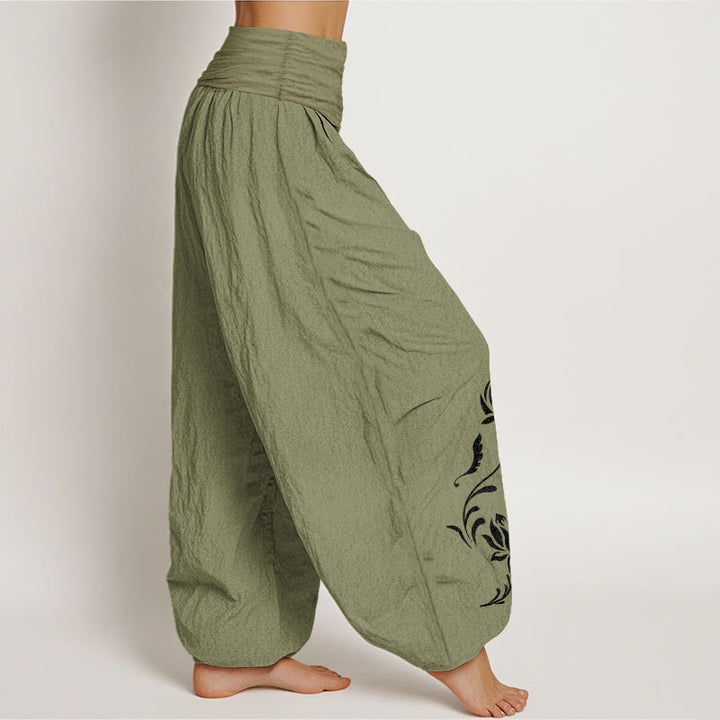 Buddha Stones Pantaloni harem da donna in cotone con motivo a petali di loto e elastico in vita. - image 15