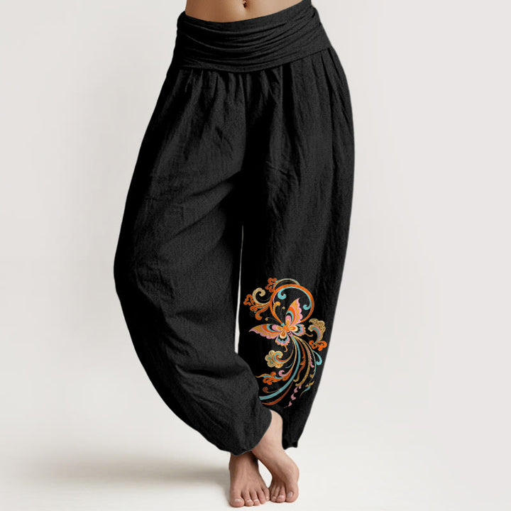 Buddha Stones Pantaloni harem da donna in cotone, con motivo a farfalle e nuvole di buon auspicio, con elastico in vita. - Nero - US16, UK/AU20, EU48 (3XL) - image 0