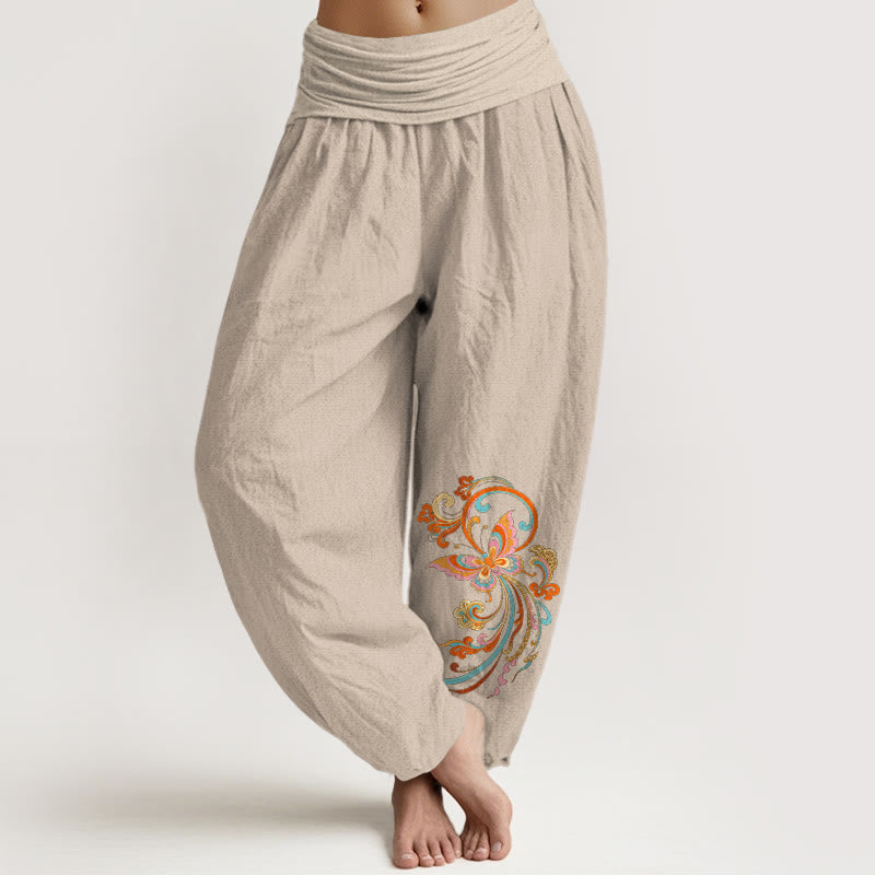 Buddha Stones Pantaloni harem da donna in cotone, con motivo a farfalle e nuvole di buon auspicio, con elastico in vita. - Tan - US16, UK/AU20, EU48 (3XL) - image 11
