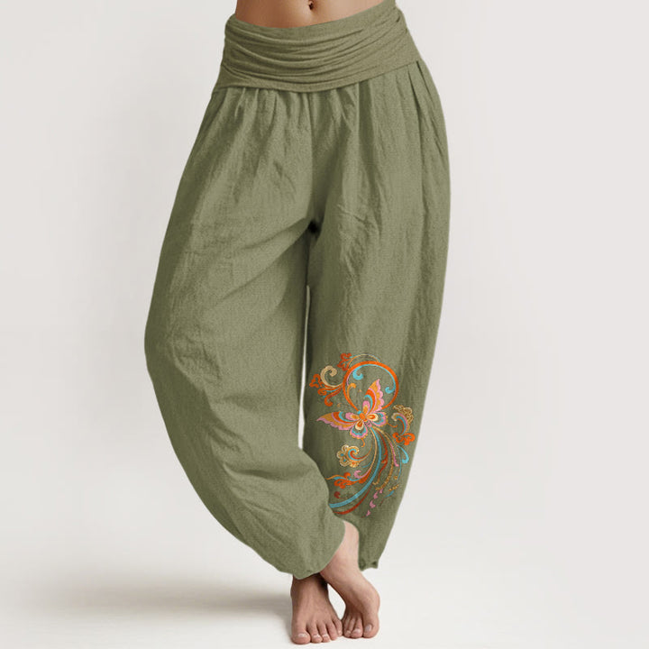 Buddha Stones Pantaloni harem da donna in cotone, con motivo a farfalle e nuvole di buon auspicio, con elastico in vita. - Verde oliva - US16, UK/AU20, EU48 (3XL) - image 14