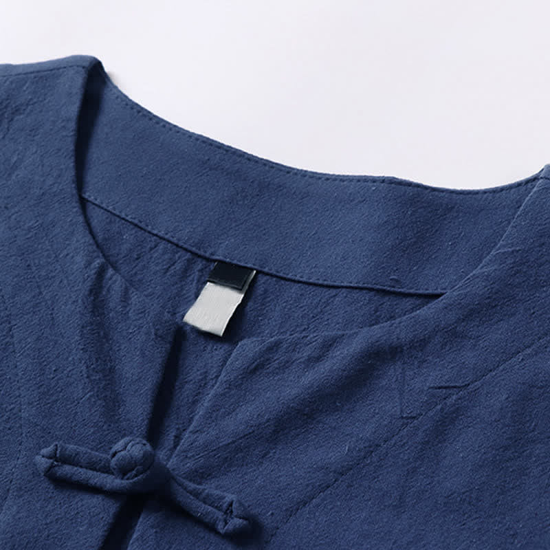 Buddha Stones T-shirt da uomo a maniche corte con colletto a revers, tinta unita, con bottoni a rana, in cotone e lino. - image 5